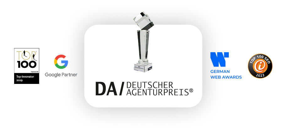 Unsere Auszeichnungen: Deutscher Agenturpreis | Google Partner | German Web Awards Collage der Auszeichnungen: Deutscher Agenturpreis, Google-Partner‐Logo, German und Web Awards