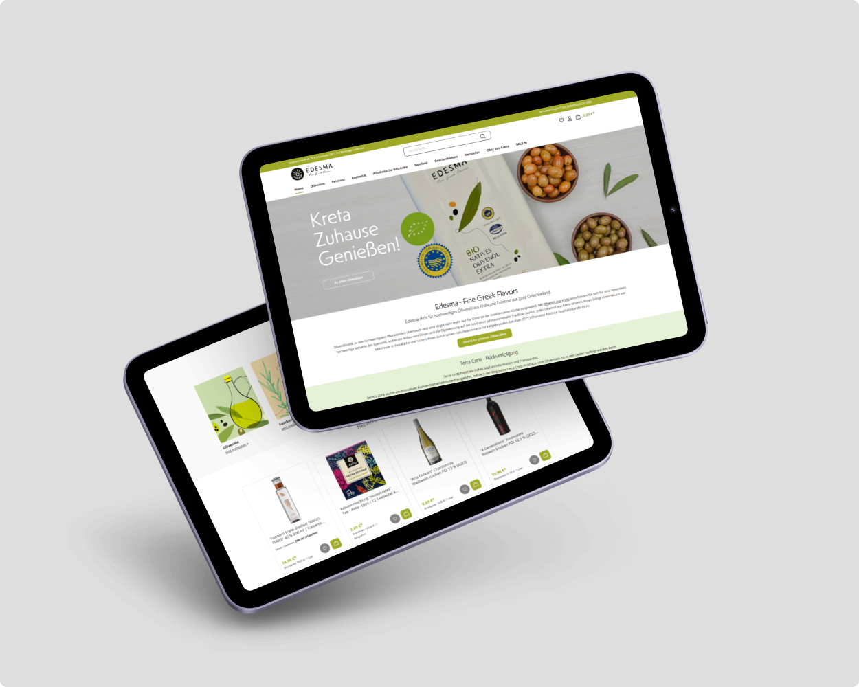 Edesma Übersicht Mockup Zwei Tablets schweben vor grauem Hintergrund. Auf den Tablets ist die Edesma-Website abgebildet.